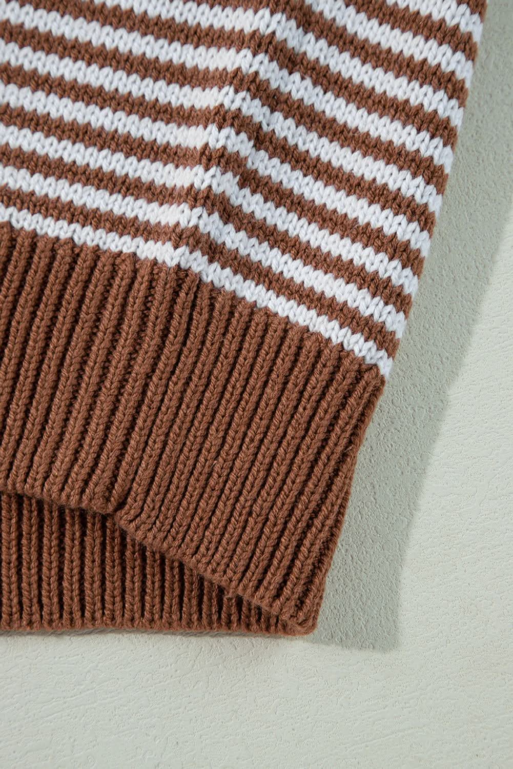 Brown Stripe Geometric Textured Drop Shoulder Sweater - Love Salve